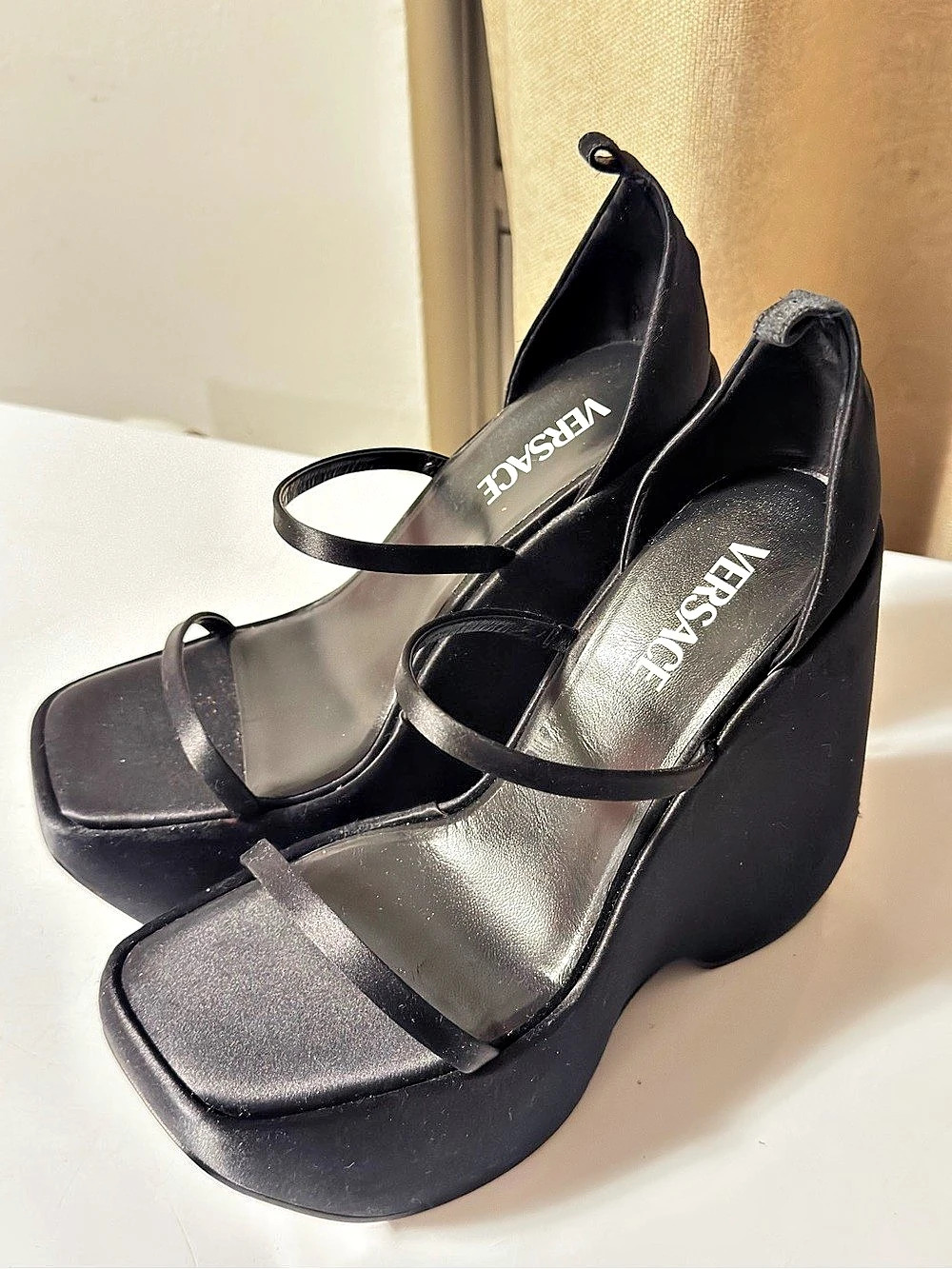 Versace Triplatform Satin Wedge Sandals Black EU 401⁄2